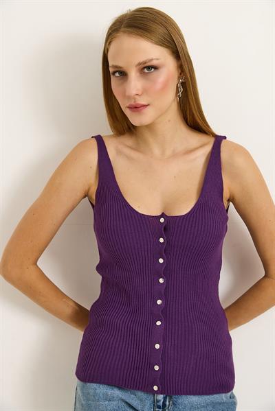 Çıt Çıt Kapamalı Geniş Yaka  Fitilli Bluz Mor