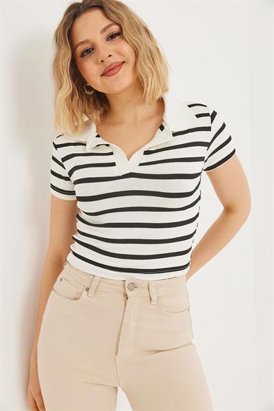 Polo Yaka Çizgili Crop Bluz Siyah