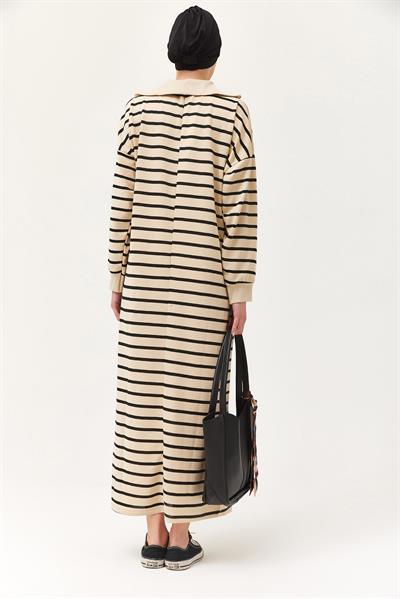 Yarım Fermuar Çizgili Uzun Elbise Siyah