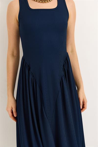 Bel Büzgülü Kalın Askılı Elbise Lacivert