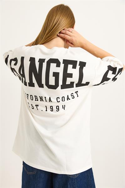 Sırt Baskılı Oversize Bisiklet Yaka Tshirt Beyaz
