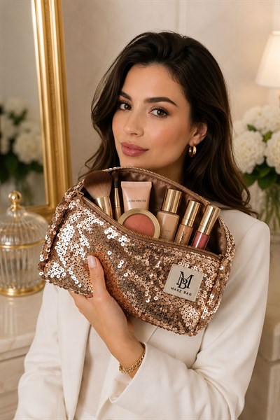 Kadın Pullu 23X13 Ölçülü Makyaj Çantası Gold