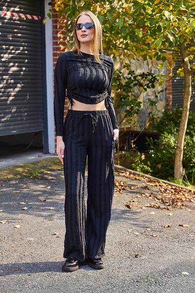 Kadın Cozy Triko Saçaklı Crop Büzgü Detaylı Siyah