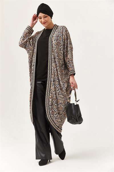 Oversize Şerit Detaylı Kimono Hırka Vizon