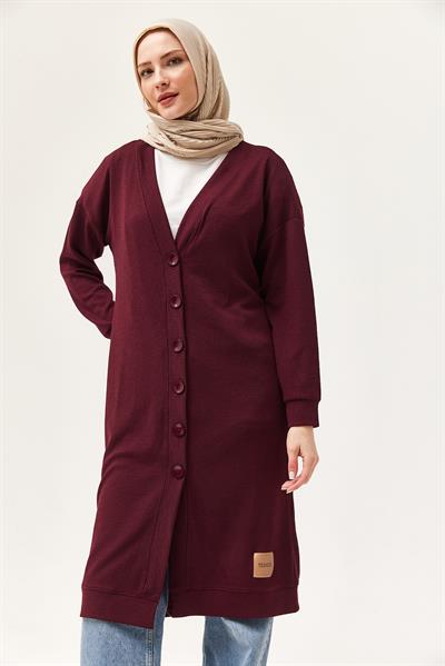 Düğmeli Triko Uzun Hırka Bordo