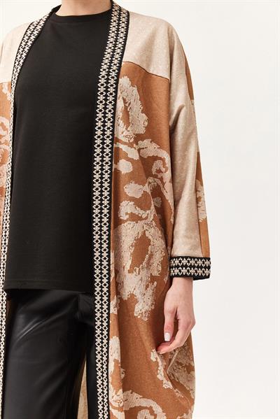 Oversize Şerit Detaylı Kimono Hırka Taba
