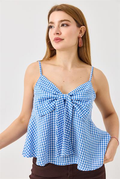 Kadın Büyük Fiyonk Detaylı Ekoseli Askılı Keten Görünümlü Bluz Mavi