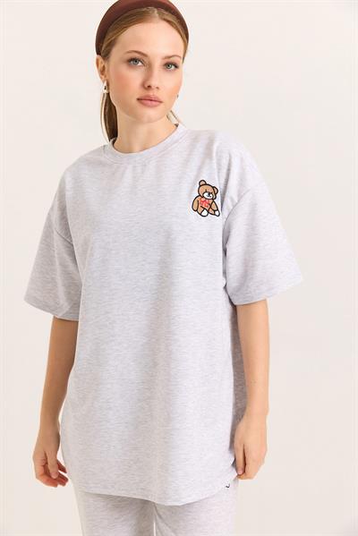 Ayıcık Nakışlı Oversize İki İp Tshirt  Gri