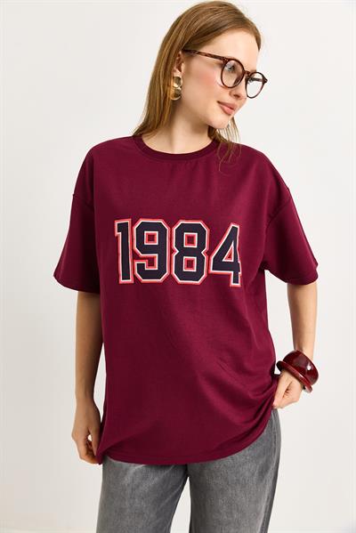 1984 Baskılı Oversize Tshirt Bordo