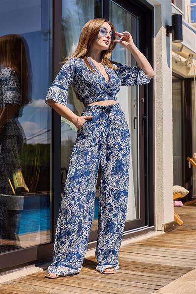 Beli Kuşaklı Bluz Pantolon İkili Takım Mavi