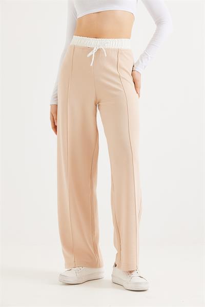 Beli Kalın Lasitkli Bol Paça Pantolon Vizon