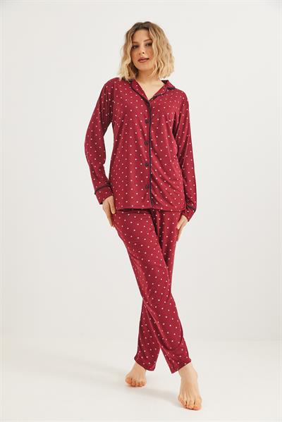 Düğmeli Uzun Kollu Pijama Takımı Kırmızı