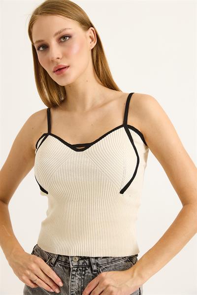 İp Askılı Kadın Triko Crop Bluz Bej