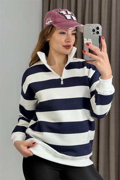 Kadın Lacivert Balıkçı Yaka Çizgili Üç İplik İçi Şardonlu Kışlık Sweatshırt 
