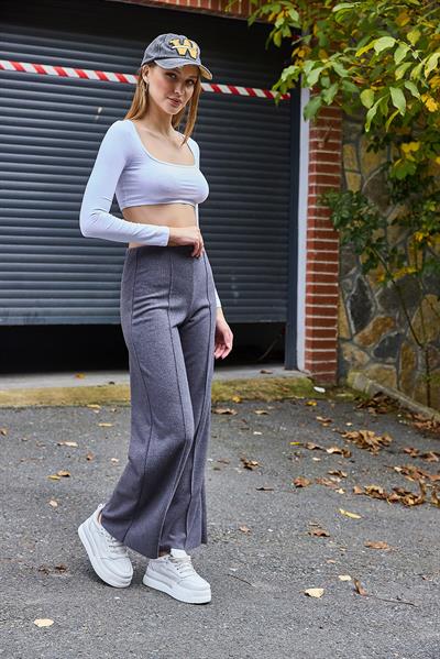 Yüksel Bel Dikiş Detaylı Spor ve Şık Likralı Örme Pantalon GRi