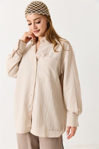 Kadın Oversize Müslin Kumaş Basic Gömlek Taş