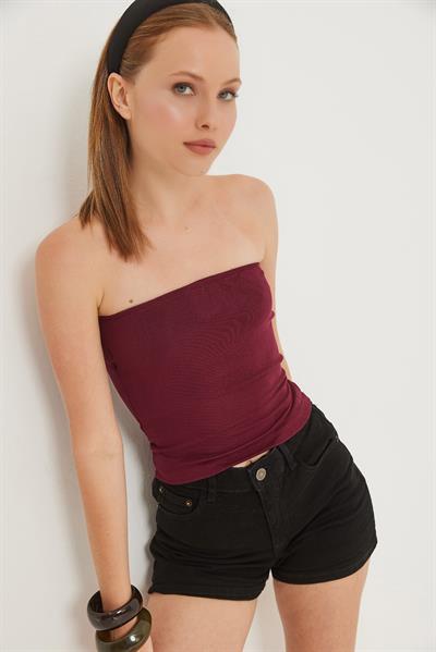 Esnek  Straplez Bluz Bordo