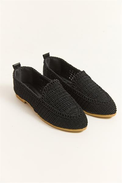 Örgü Tasarım Kadın Babet Ayakkabı Siyah