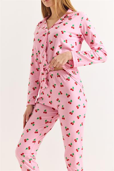 Kadın Pembe Kiraz Baskılı Polo Yaka Pamuklu Pijama Takımı