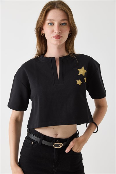 Kadın Yaka Detaylı Baskılı Crop Bluz Siyah
