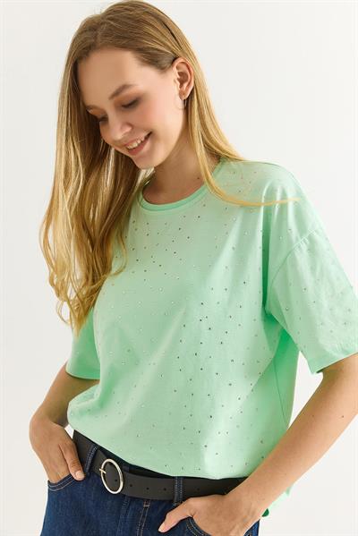 Taş Detaylı Rahat Kalıp Premium Pamuk Tshirt Su Yeşili
