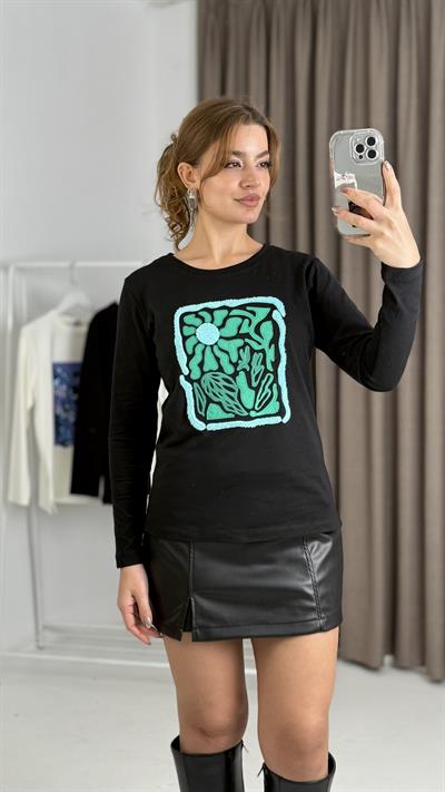 Kadın Siyah Yeşil  Baskılı Uzun Kollu Tshirt