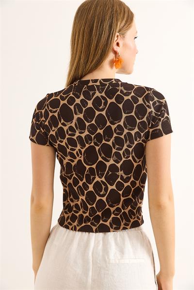 Geometrik Desen Kısa Kollu Bluz Toprak