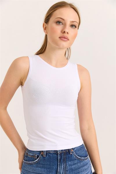 Kolsuz Bisiklet Yaka Bluz Beyaz
