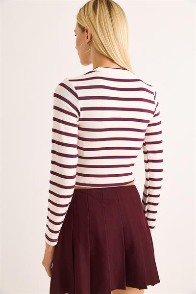 Kadın Çizgi Desenli Crop Bluz Bordo