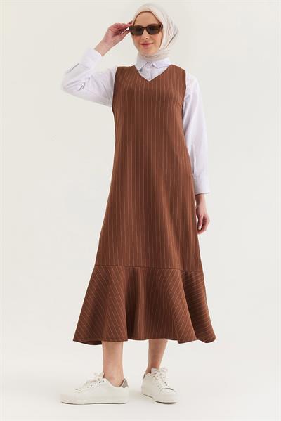 Çizgili Sıfır Kol Beli Kuşaklı Elbise Taba
