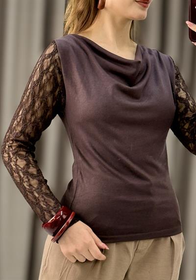 Kadın Uzun Kollu Dantelli Modal Drapeli Bluz Kahverengi