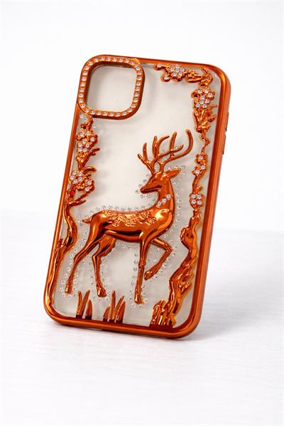 İphone 13 Uyumlu Geyik ve Çiçek Kabartmalı Kılıf Turuncu