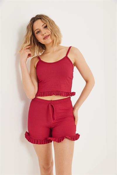 Askılı Fırfırlı Şortlu Takım Bordo