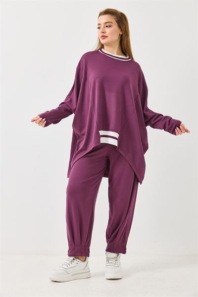 Kadın Beli Lastikli Dökümlü Model Oversize Eşofman Takım Mürdüm