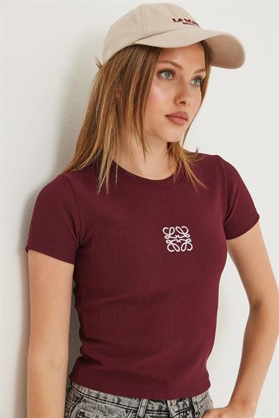 Nakışlı Kaşkorse  Crop Bluz Bordo