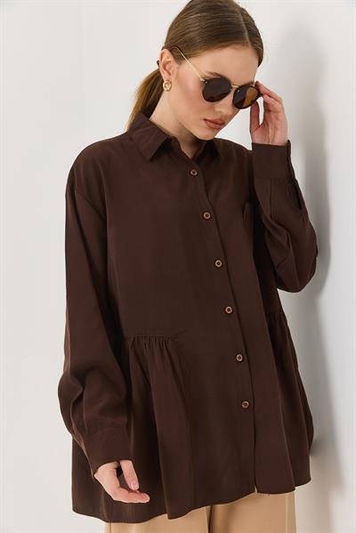 Kahverengi Oversize Eteği Fırfırlı  Düğmeli Yumuşak Dokulu Tunik Gömlek
