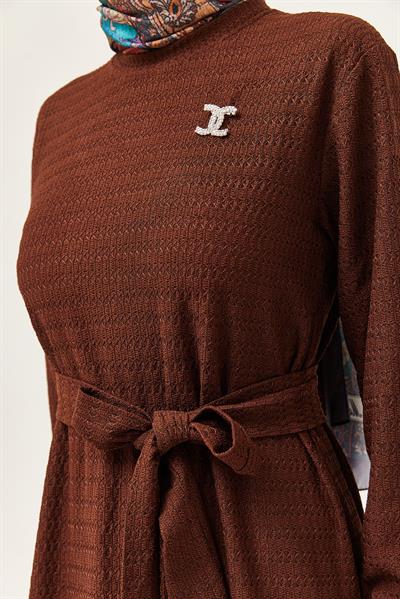 Kuşaklı Kat Keten Elbise Kahverengi
