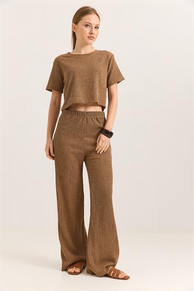 Bürümcük Kumaş İkili Crop Takım Taba