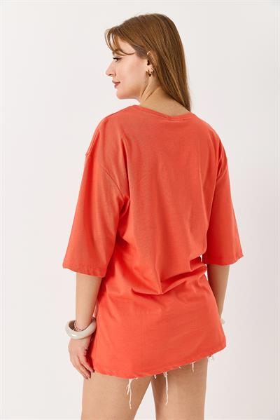 Kadın Yazı Baskılı Bisiklet Yaka Tshirt Nar Çiçeği