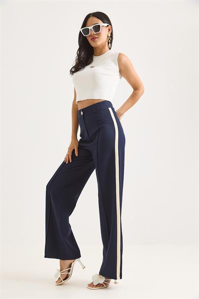 Yanları Şeritli Yüksek Bel Bol Paça Pantolon Lacivert