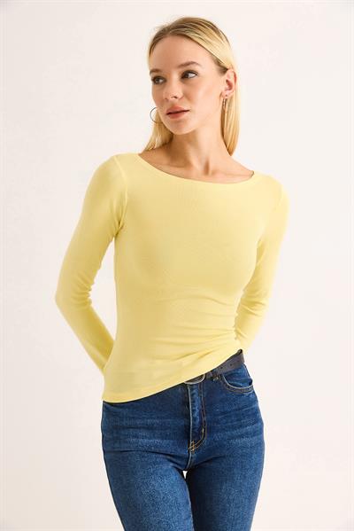 Geniş Yaka Rahat Uzun Kollu Bluz Sarı