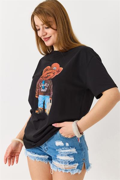Ayıcık Baskılı Pamuklu Bisiklet Yaka Tshirt Siyah