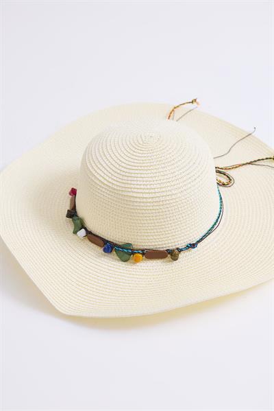 Etnik Boncuk Detaylı Kadın Hasır Şapka Krem