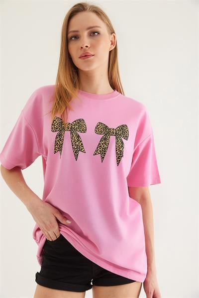 Kurdele Baskı Detaylı Basic Tshirt Pembe