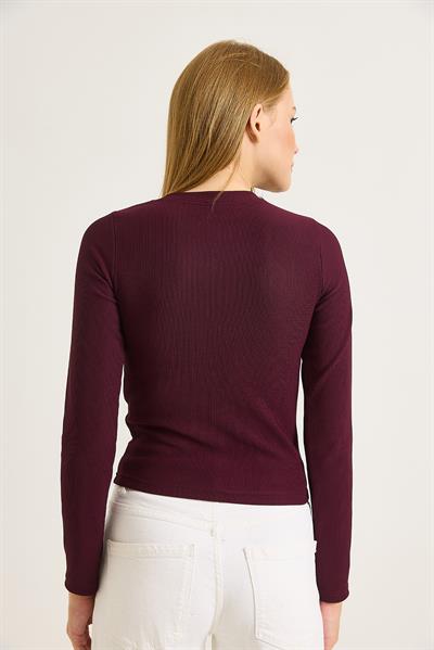 Kadın Ottoman Bisiklet Yaka Taşlı Bluz Bordo