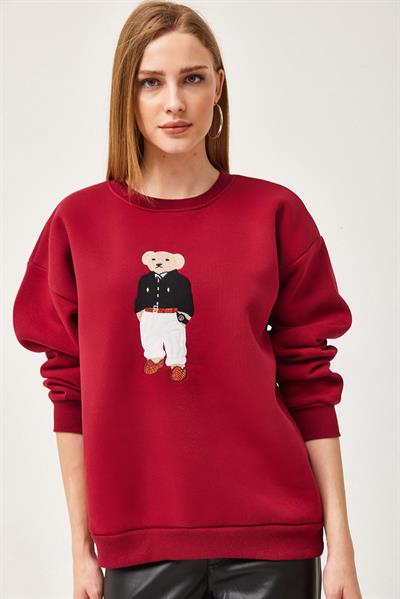 Oversize Nakışlı Sweatshirt Bordo