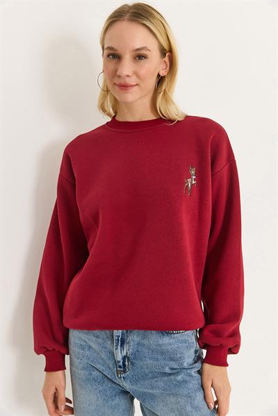 Kadın Geyik Nakışlı Üç İplik Şardonlu Sweatsirt Bordo