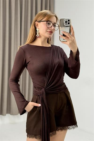 Kadın Kendinden Pelerinli Uzun Kollu Bluz Kahverengi