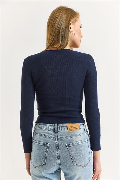 Kadın Fitilli Kare Yaka Uzun Kollu Bluz Lacivert 