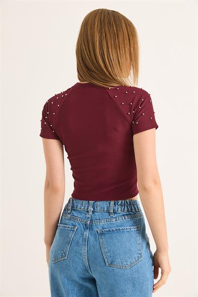 Regular Taş Detaylı Ottoman Crop Bluz Bordo
